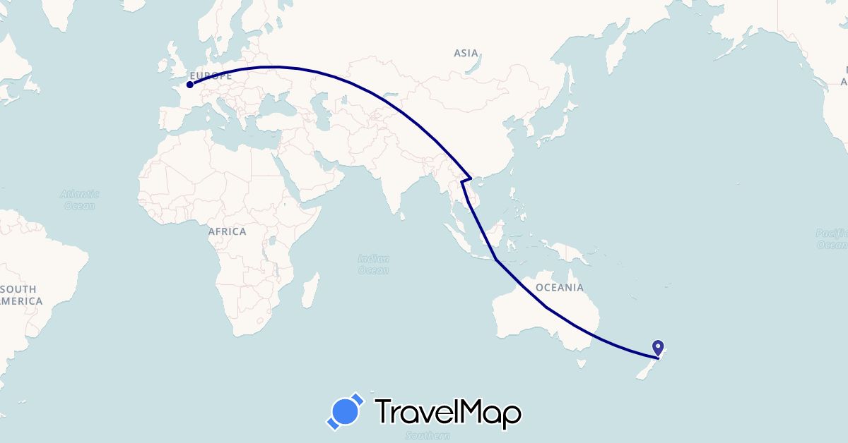 TravelMap itinerary: driving in Australia, France, Indonesia, Cambodia, Laos, New Zealand, Vietnam (Asia, Europe, Oceania)